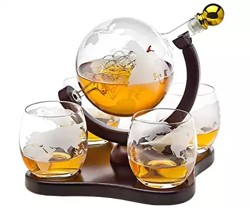 Whiskey Decanter Globe Set with 4 Etched Glasses